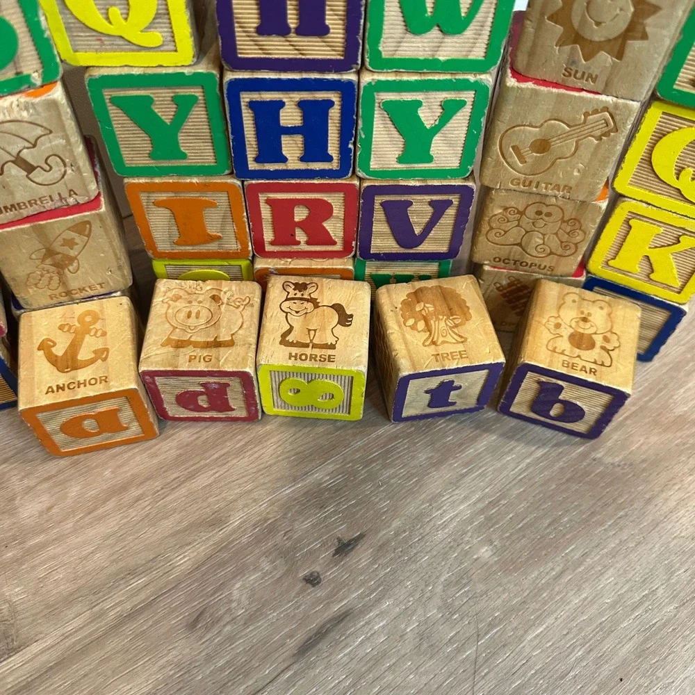 Wooden Alphabet Blocks Kids OS Multicolor Vintage Style Learning Toy STEM ECO